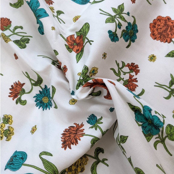 Vintage Mid-Century Floral Fabric, Day Lilies Tulips Mums, Blue Orange Yellow - Picture 8 of 10